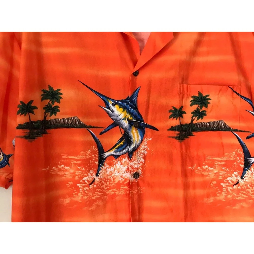 Vintage KY'S Hawaiian Button Up Shirt Mens 2XL Orange Marlin Fish Aloha Tiki USA